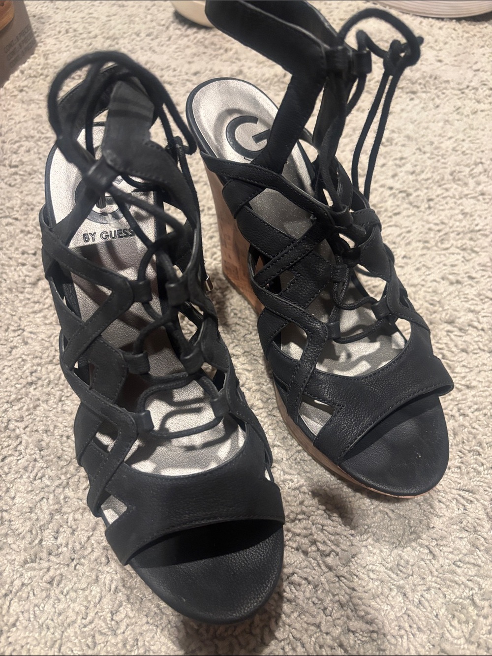 Guess Black Lace-Up Wedge Sandals